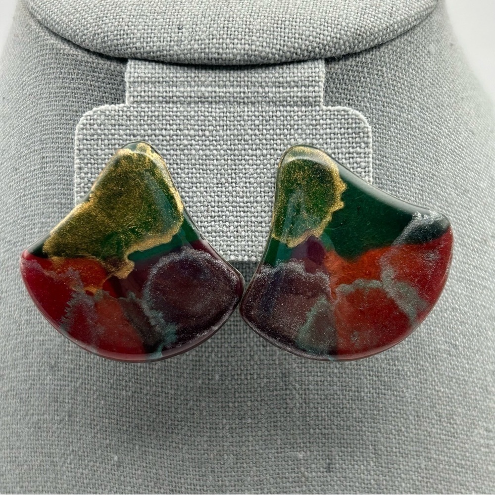 Vintage Metal Green, Red and Purple Mix Fan Shaped Pierced Stud Earrings Unique